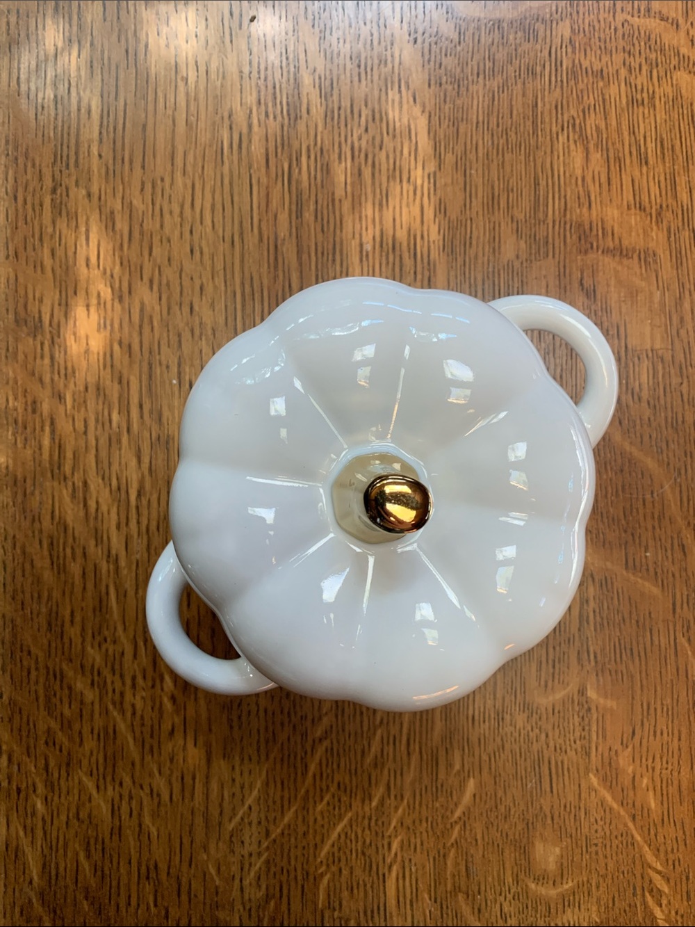 White Ceramic Pumpkin Bowl with Gold Knob and Dual Handles